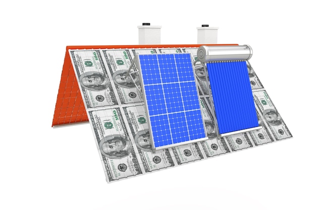 Aquecedor solar de água e painel solar instalado em um telhado de notas de dólar em um fundo branco. renderização 3d