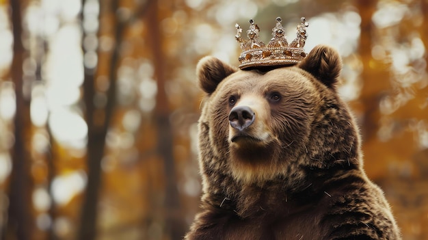 Foto aqui está uma breve descrição da imagem. a imagem é uma foto de um urso usando uma coroa dourada.