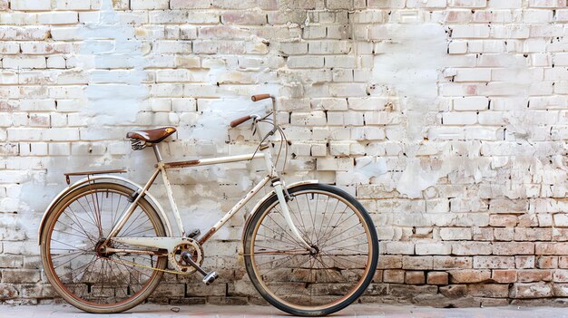 Aqui está uma descrição que poderia ser usada para a imagem Uma bicicleta vintage repousa contra uma parede de tijolos brancos