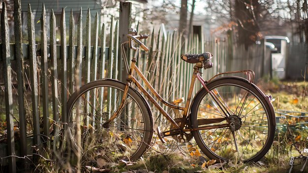 Foto aquí hay una descripción que podría usarse para la imagen una vieja bicicleta oxidada se apoya en una valla de madera