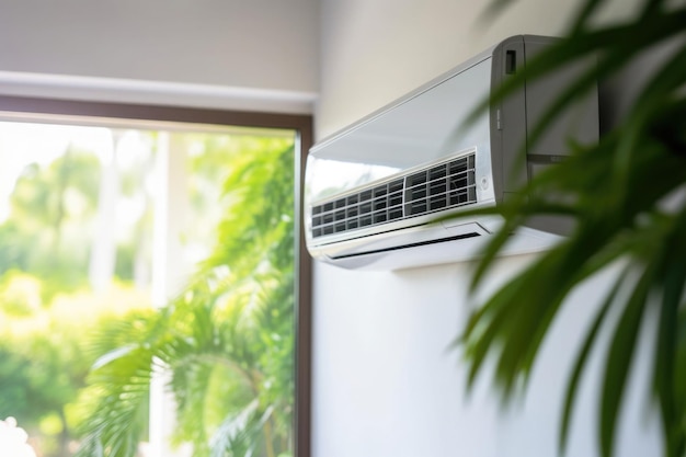 Ar condicionado na parede da sala de estar com plantas verdes próximas Ajustando a temperatura de conforto em casa no verão quente refrigerando o ar na sala