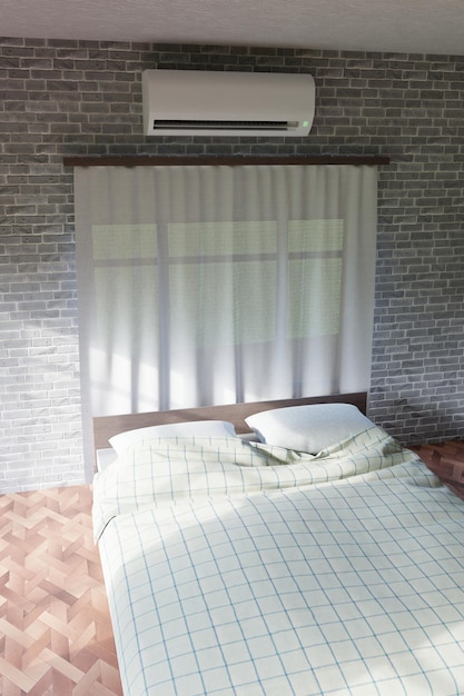 ar condicionado na sala de sol com janela e cama 3d