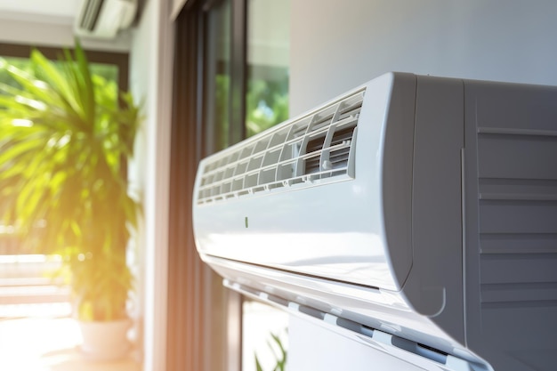Foto ar condicionado no quarto ar condicionado na sala closeup da mão de um homem usando um controle remoto para gerenciar um ar condicionado ai gerado
