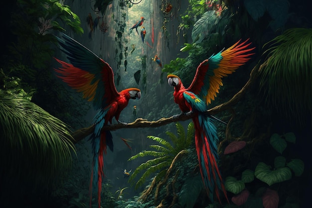 Ara-Papageien flattern durch das tiefgrüne Laub Ara macao, der Scharlachrote Ara in einem tropischen Dschungel vor einem weißen Hintergrund