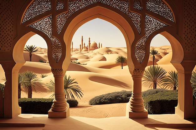 Arab Palace Desert View Grand Hamam Hotel Luxuriöse orientalische Innenräume Abstrakte generative KI-Illustration