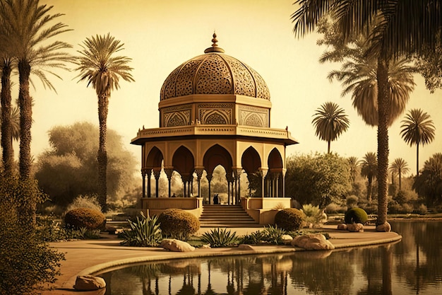 Arab Palace Garden View Grand Hamam Hotel Luxuriöse orientalische Innenräume Abstrakte generative KI-Illustration