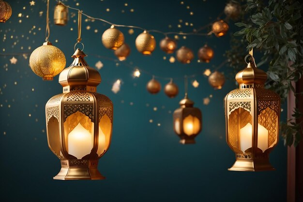 árabe tradicional Ramadán Kareem linternas orientales guirnalda musulmana ornamental colgado linternas doradas estrellas y luna ilustración vectorial islámica guirlandas orientales linternas festivas musulmanas tradicionales