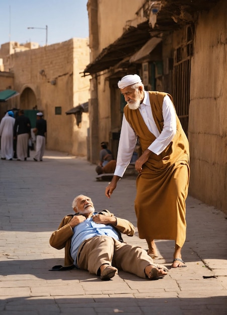 árabe viejo cae y joven ayudarle en la calle
