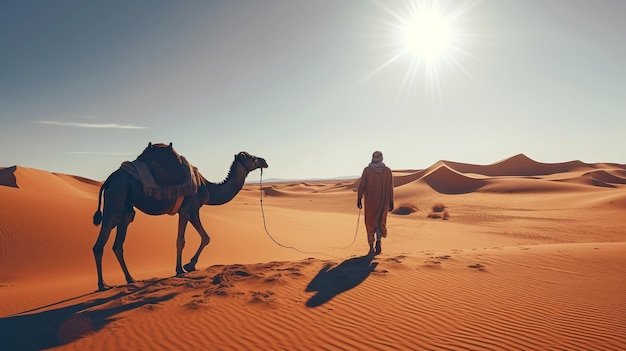 Araber, der auf einem Kamel in den Dünen in der Sahara Marokko Generative KI reitet