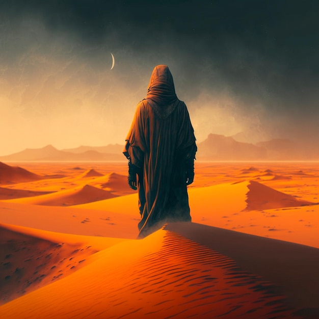 Araber in orangefarbenem Mantel und Kapuze in der Wüste