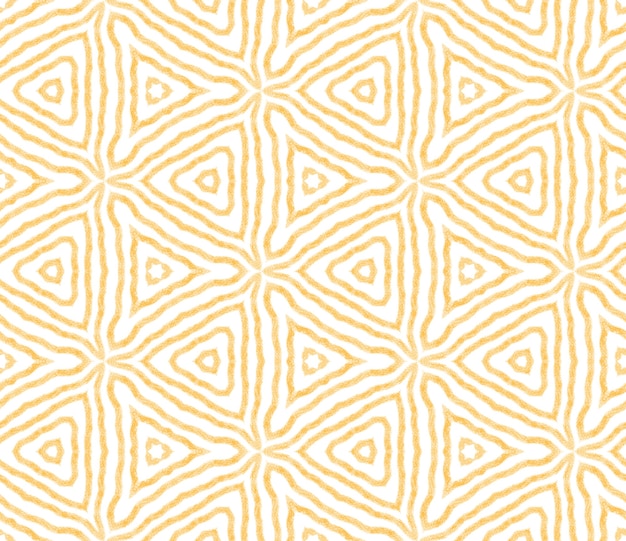 Arabesque handgezeichnetes Muster. Gelber symmetrischer Kaleidoskophintergrund. Handgezeichnetes Design der orientalischen Arabeske. Textilfertiger toller Druck, Bademodenstoff, Tapete, Verpackung.