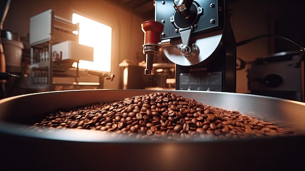 Arabica- oder Robusta-Kaffeebohnen Kaffeeröster Aromatische Kaffeeböhne in moderner Ausrüstung mit Getreidekühler Kaffeebohneröster Industrie-Maschine-Konzept Generative Ai