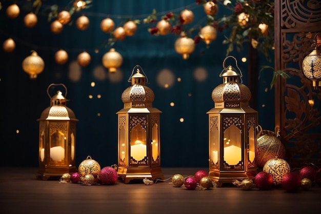 Arábico tradicional Ramadan Kareem lanternas orientais guirlanda muçulmana ornamental pendurado lanternas douradas estrelas e lua ilustração vetorial islâmica oriental guirlanda islâmica lanterna de férias tradicional