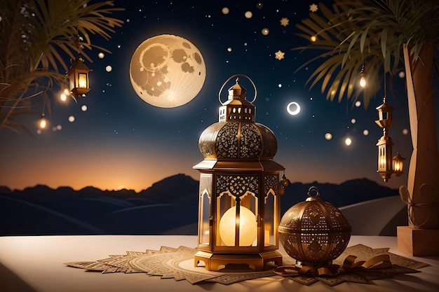Arabien-Sahara-Laterne und Mond-Setup zur Begrüßung von Ramadan- oder Eid-Mubarak-Karten. Generative KI