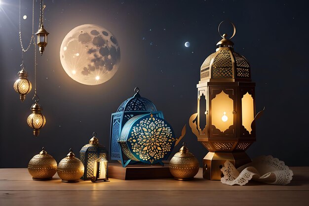 Arabien-Sahara-Laterne und Mond-Setup zur Begrüßung von Ramadan- oder Eid-Mubarak-Karten. Generative KI