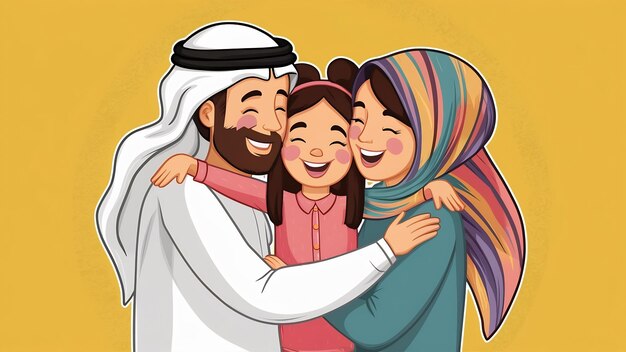 Arabische Eltern und Tochter, die sich zusammen umarmen und auf gelbem Hintergrund posieren