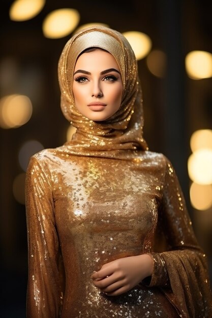 Arabische Frau im goldenen Kleid auf der Straße