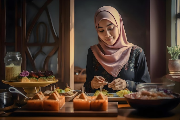 Arabische Frau in der Küche bereitet Essen zum Abendessen zu Ramadan Generative AI 1