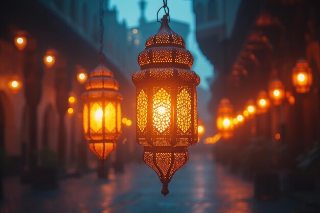 Arabische Hängelaternen in der dunklen Nacht voller muslimischer Atmosphäre, professionelle Fotografie
