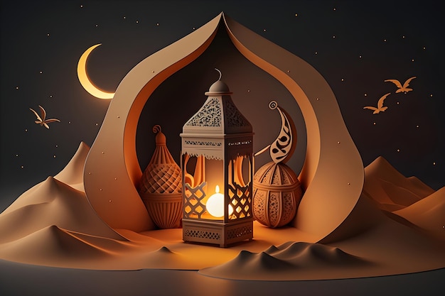 Arabische Laterne mit brennender Kerze, die im Nachtmond über der Wüste Ramadan Generative AI 2 leuchtet