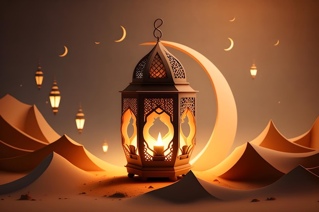 Arabische Laterne mit brennender Kerze, die im Nachtmond über der Wüste Ramadan Generative AI 6 leuchtet