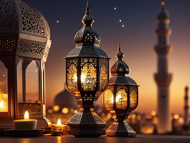 Arabische Laternen und Datteln mit Bookeh-Moschee-Hintergrund