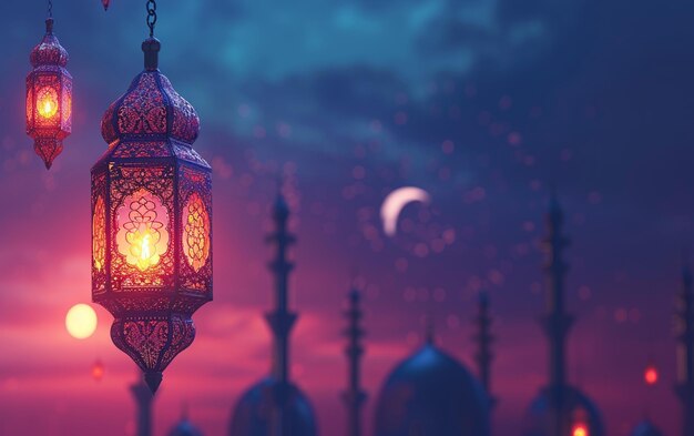 Arabische Laternendekoration mit Moschee-Landschaft und dem Mond Ramadan festlicher Kopierraum