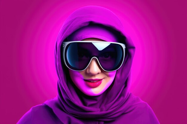 Arabische muslimische Frau, die virtuelle Realität umarmt, nimmt an VR-Erlebnissen teil