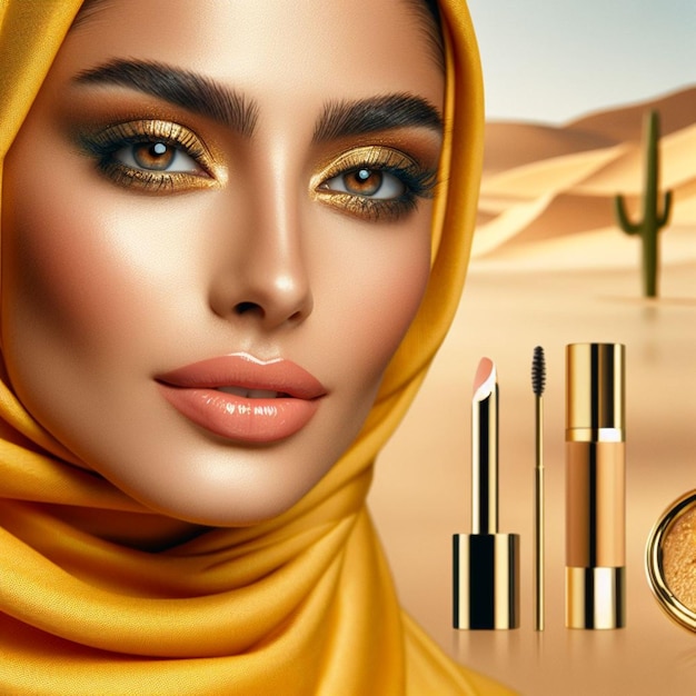 Arabische Schönheit Kosmetik Modell Hautpflege Make-up Gelber Hijab