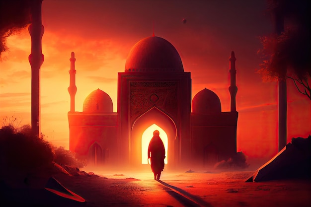 Arabische Silhouette nähert sich einer Moschee bei Sonnenuntergang Generative KI