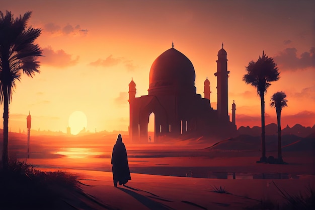 Arabische Silhouette nähert sich einer Moschee bei Sonnenuntergang Generative KI