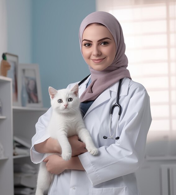 Arabische Tierärztin hält ein Kätzchen in einer Tierklinik