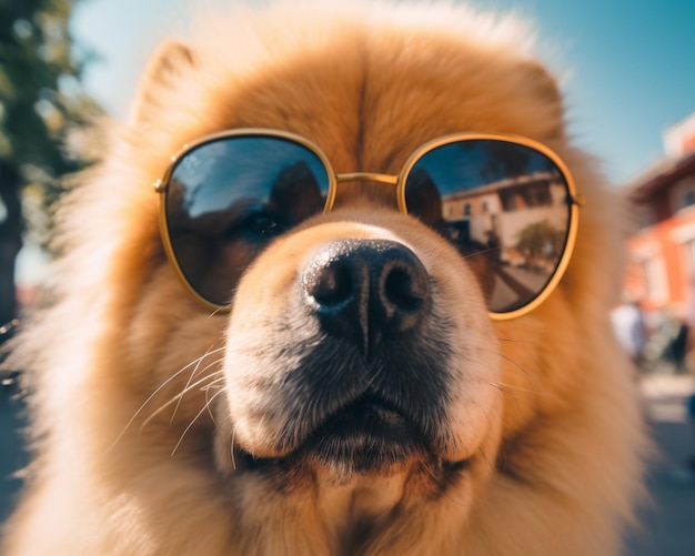 Arabischer Hund mit Sonnenbrille an einem sonnigen Tag in der Stadt