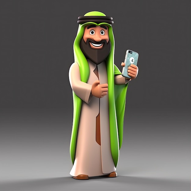 Foto arabischer männlicher 3d-charakter mit einem smartphone. generative ki