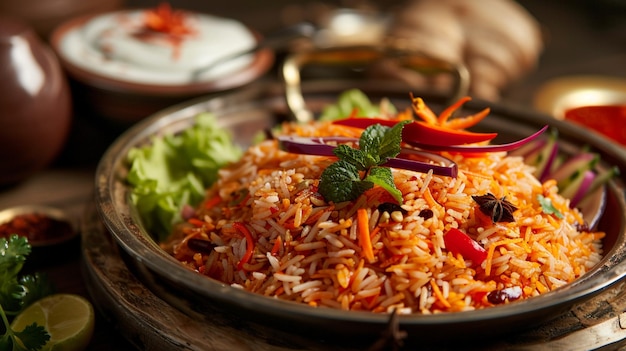 Arabischer Reis, serviert mit Salat und Chilisauce, Gewürze mit Nelke und Zimt
