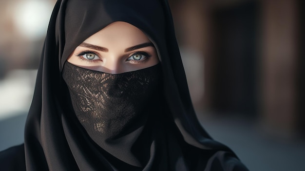 Arabisches Mädchen mit schwarzem Hijab in Nahaufnahme