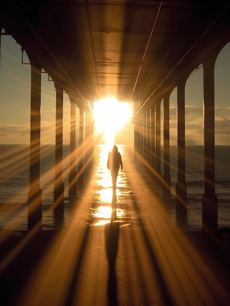 Foto arafe caminando bajo un muelle al atardecer con el sol brillando a través de los pilares generativo ai