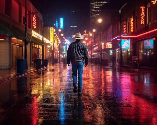 Arafe caminhando por uma rua úmida da cidade à noite com um chapéu de cowboy generativo ai