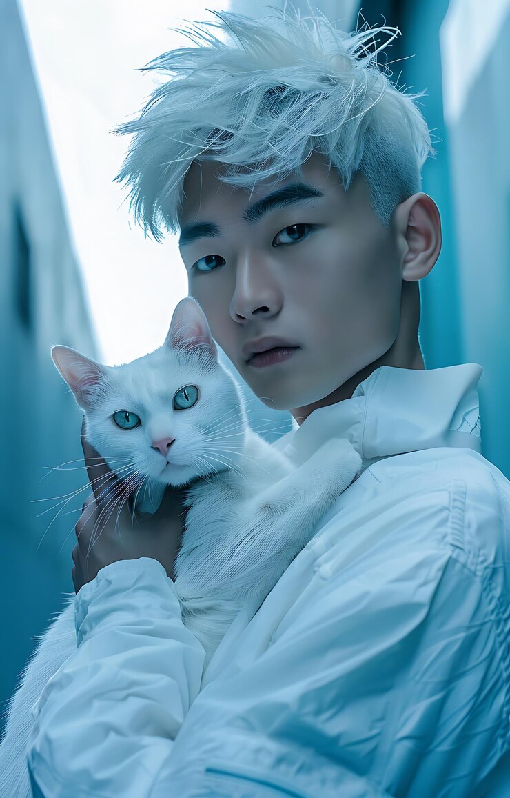 Foto arafe com cabelo branco e olhos azuis segurando um gato branco
