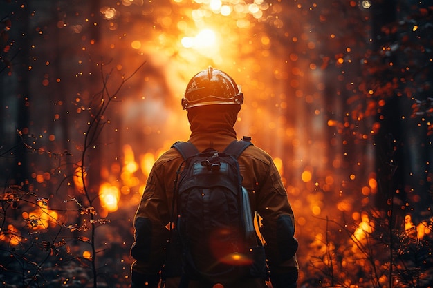 Foto arafe em um terno de incêndio de pé em uma floresta com um incêndio no fundo generativo ai