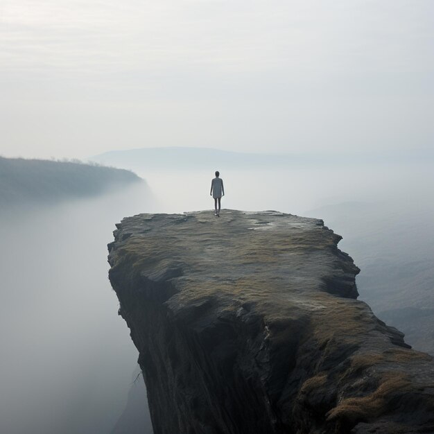 Arafe de pie en un acantilado con vistas a un valle de niebla generativo ai