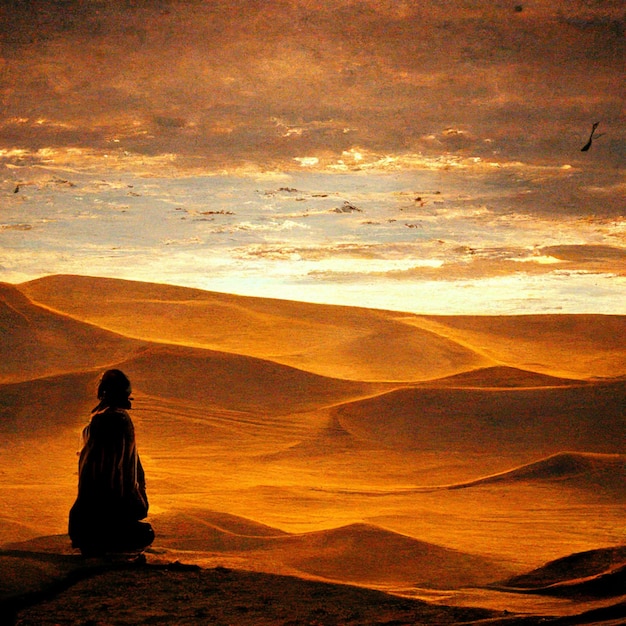 Foto arafe sentado em uma colina olhando para o deserto ao pôr do sol ai generativo