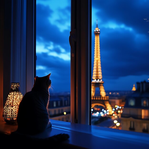 un arafe sentado en el umbral de una ventana mirando a la Torre Eiffel