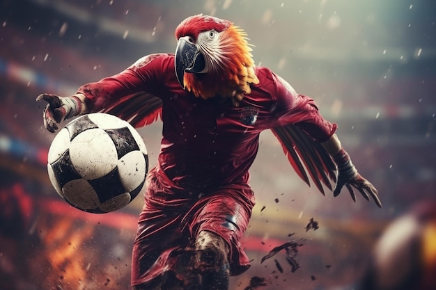 Foto arafe en un traje rojo pateando una pelota de fútbol en un estadio generativo ai