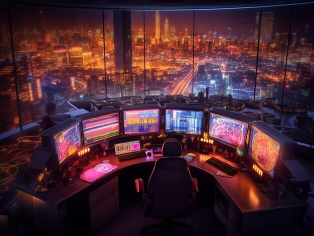 Arafed-Ansicht einer Stadt bei Nacht aus einem Kontrollraum mit generativer KI