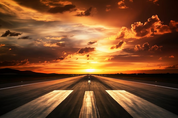 Arafed-Ansicht einer Start- und Landebahn mit einem Sonnenuntergang im Hintergrund generative ai