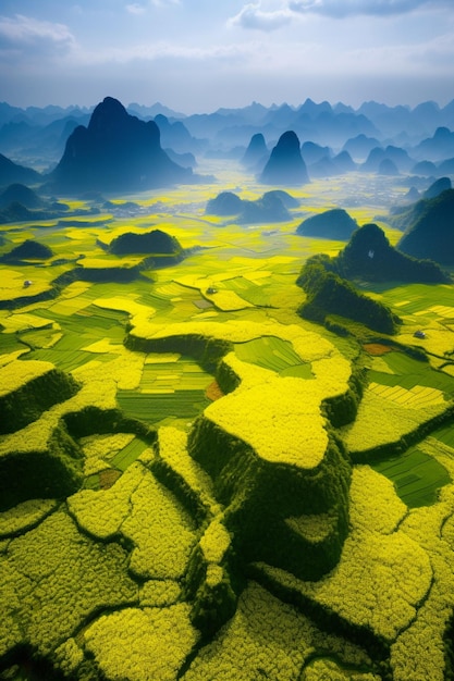 Arafed-Ansicht eines Feldes mit gelben Blumen mit Bergen im Hintergrund, generative KI