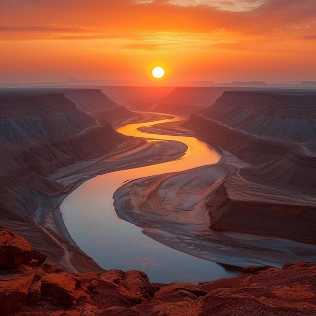 Arafed-Ansicht eines Flusses, der bei Sonnenuntergang durch eine Schlucht fließt