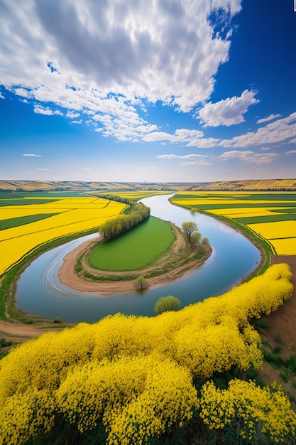 Arafed-Ansicht eines Flusses mit gelben Blumen und blauem Himmel