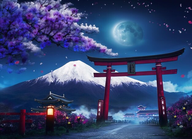 Arafed-Ansicht eines japanischen Schreins mit einem Vollmond im Hintergrund generative KI